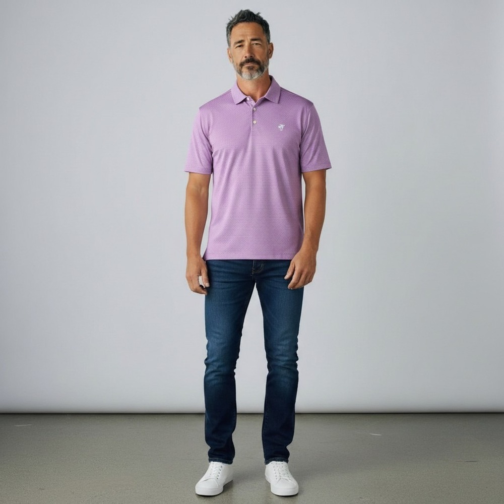 Johnnie-O Mens Purple Pink Geometric Print Performance Golf Polo Shirt SZ M